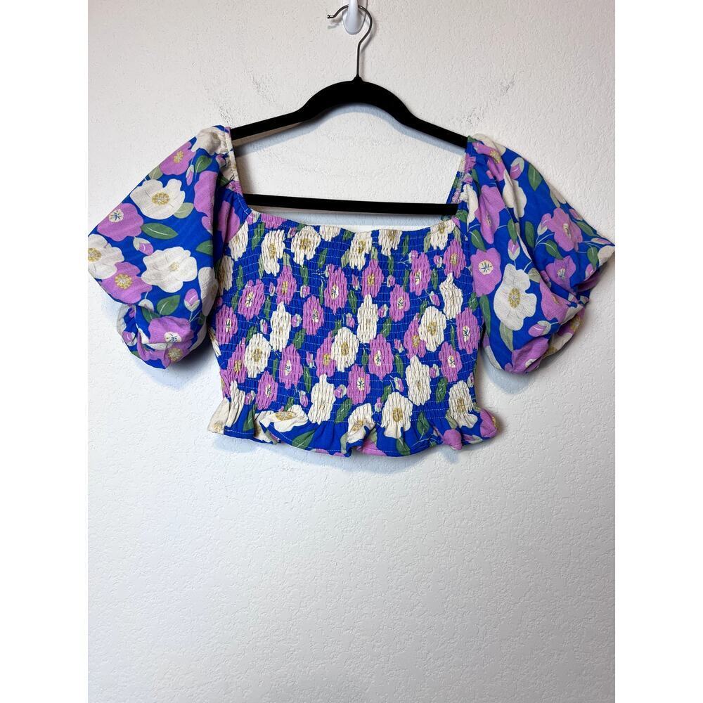 Alta'd State Floral Smocked Puff Sleeve Crop Blouse - Size S